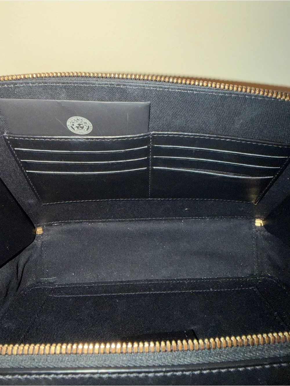 Versace Black Leather Stud Logo Messenger Bag with Gold Hardware